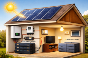 A house with a simple solar systems, rooftop panels, batteries and inverters