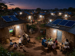 African village with solar powered electricity 