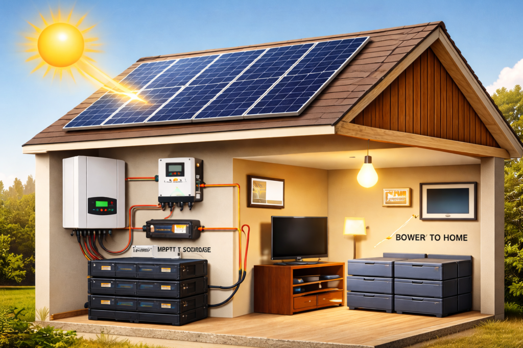 A house with a simple solar systems, rooftop panels, batteries and inverters