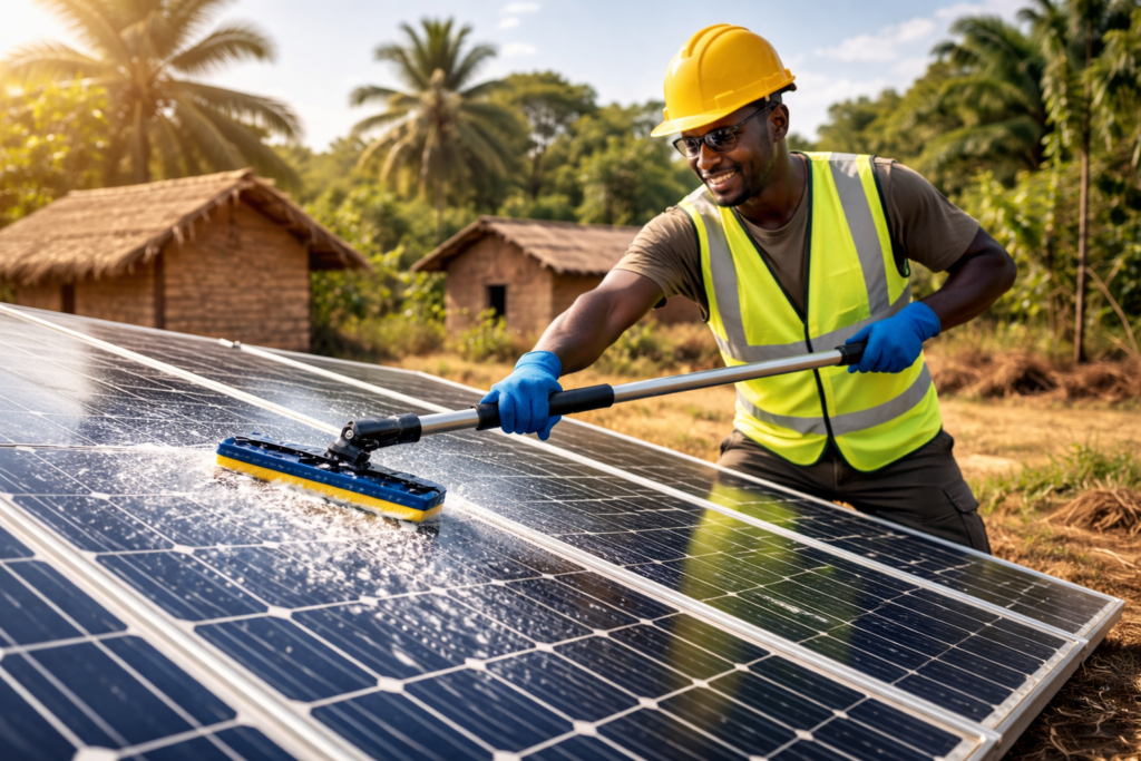 A man cleaning solar panels in rural Africa