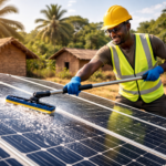 A man cleaning solar panels in rural Africa