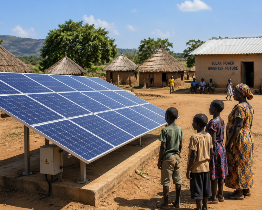 Children standing by Solar panels in Uganda