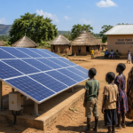 Children standing by Solar panels in Uganda