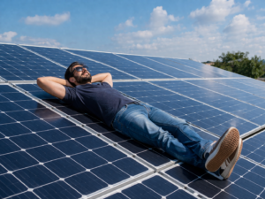 A man laying on top of solar panels