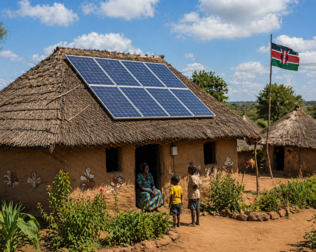 Solar panels installed on a Thatch roof in Kenya