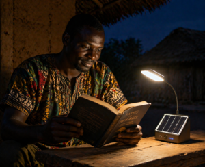 Man reading with solar lamp